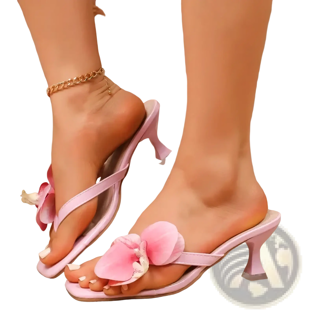 Floral block heel mule sandals with pink orchid adornment low block heel and soft leather straps