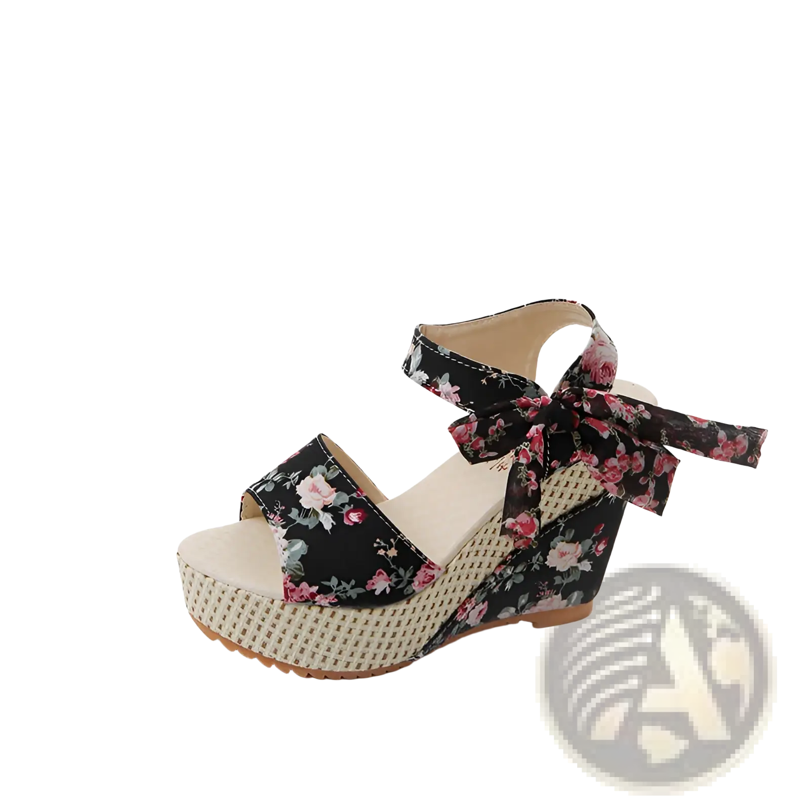 Black floral bohemian platform wedge sandals with woven beige platform and ankle strap tied in a bow