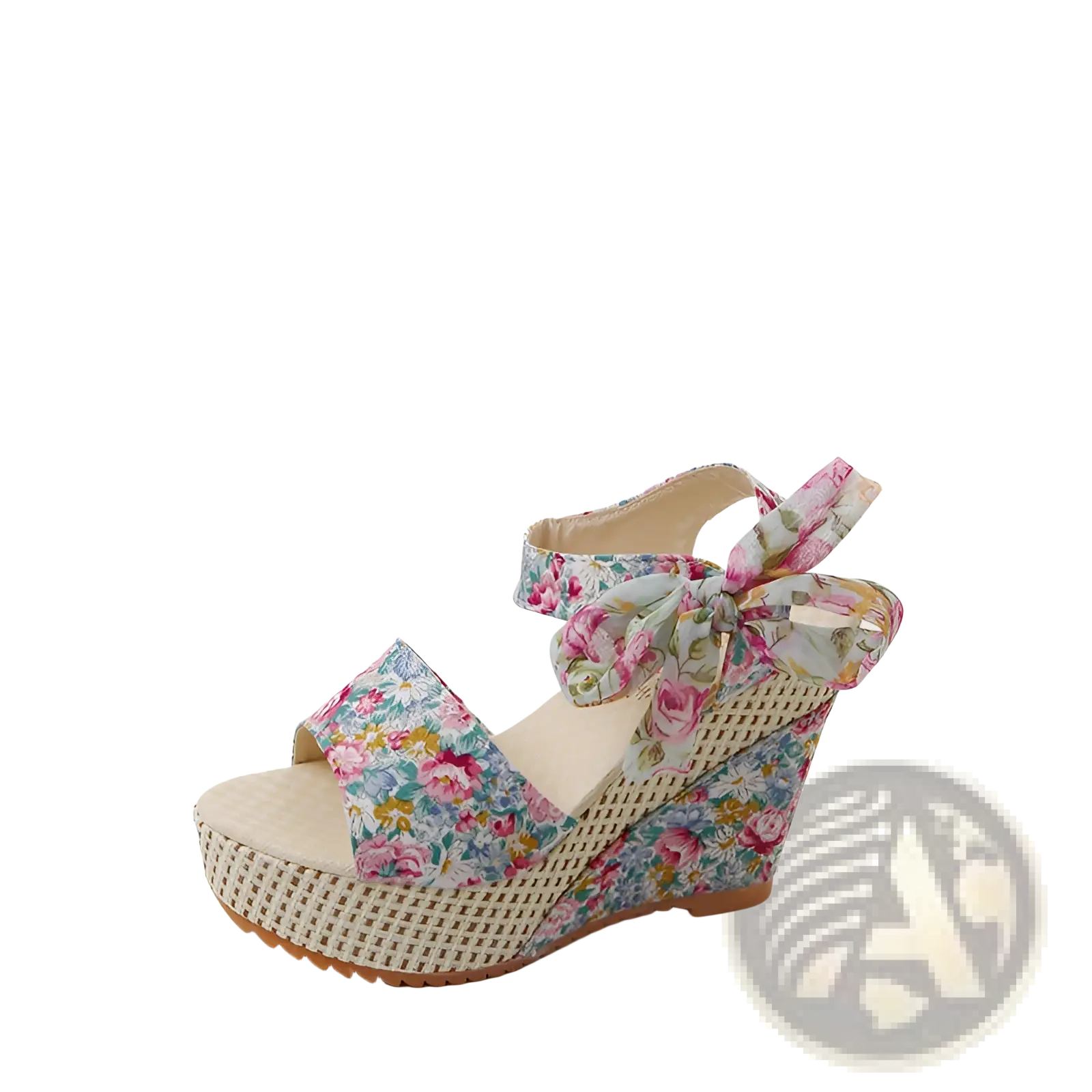 Floral bohemian platform wedge sandals with floral pattern, woven mesh sole, and ankle strap tied in a bow