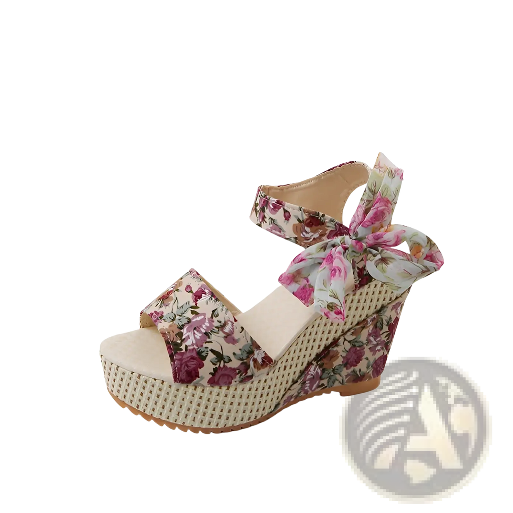 Floral bohemian platform wedge sandal with woven beige sole and pink rose pattern on straps with ankle ties