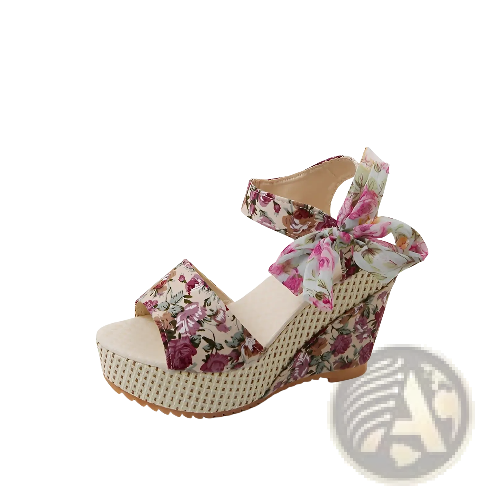 Floral bohemian platform wedge sandal with woven beige sole and pink rose pattern on straps with ankle ties