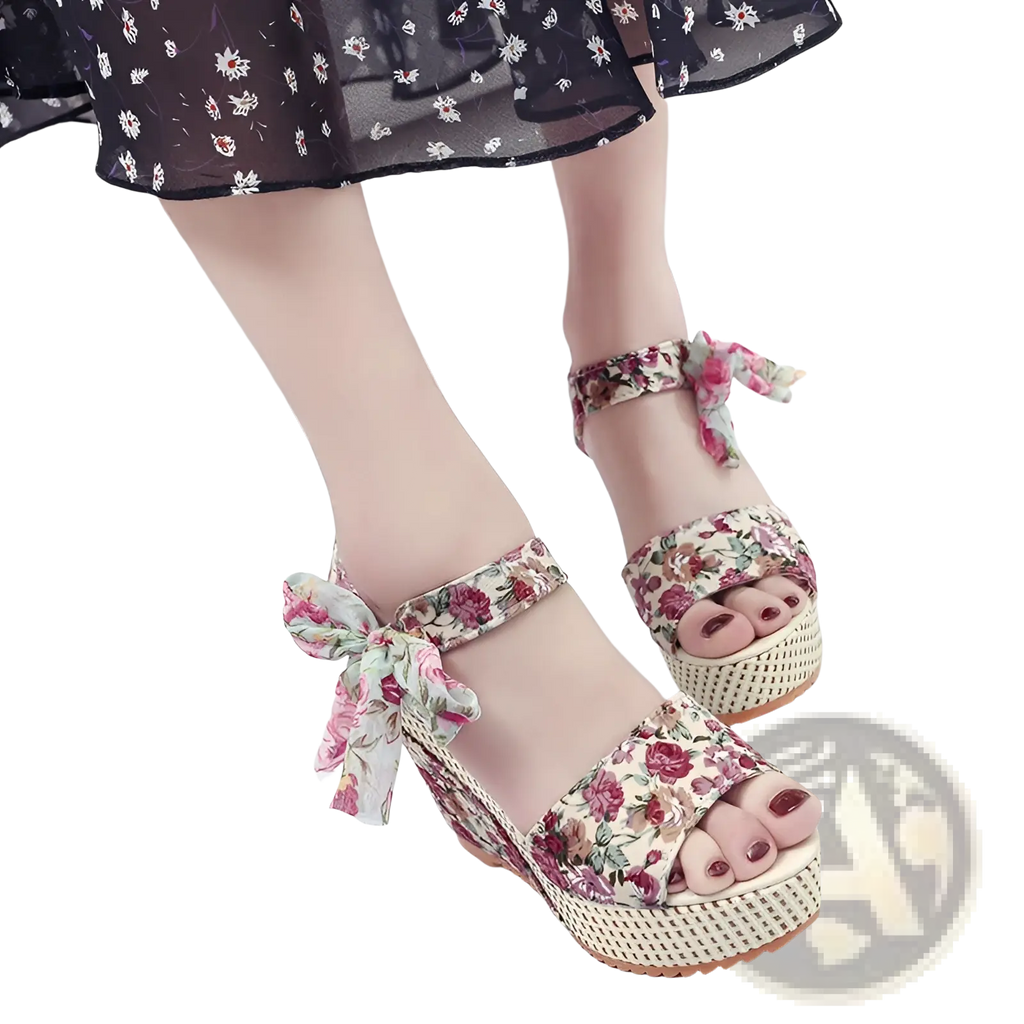 Floral bohemian platform wedge sandals with floral pattern, woven platform, and tied ankle straps
