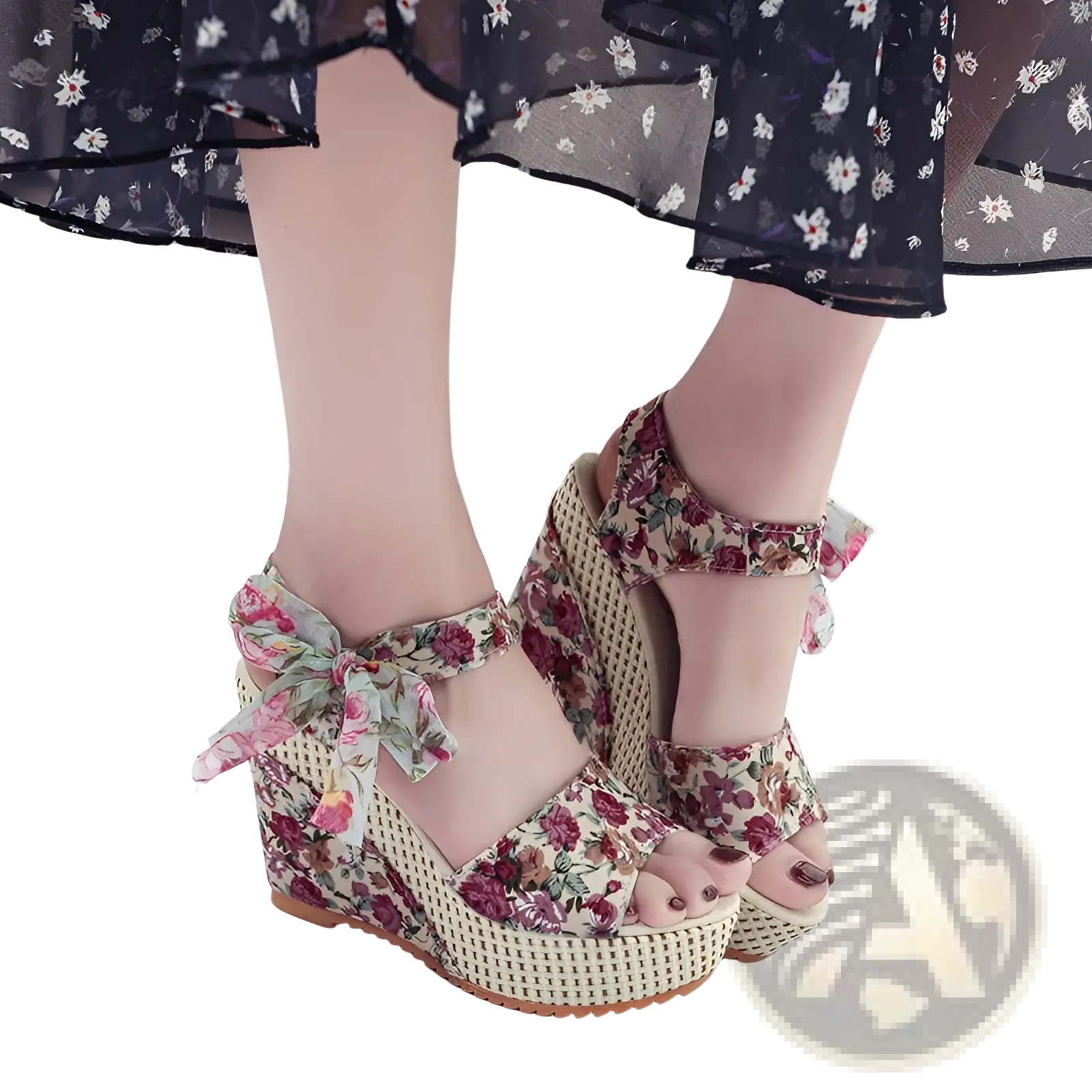 Floral bohemian platform wedge sandals featuring a floral pattern, woven straw sole, and ankle ties