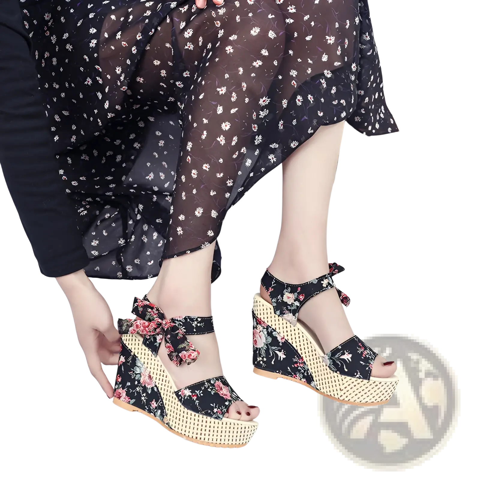 Black floral bohemian platform wedge sandals with woven beige platform and decorative ankle bow ties