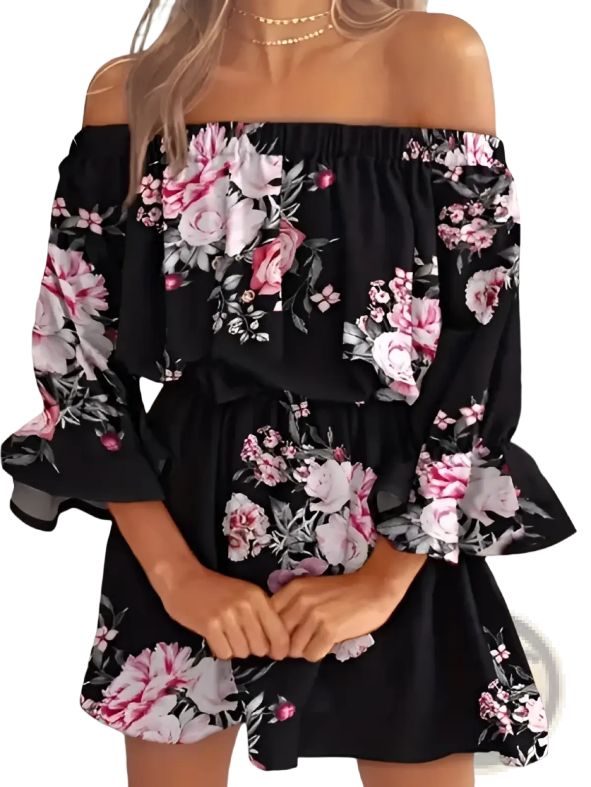 Black off-the-shoulder floral boho mini dress with pink and white roses on flowing ruffled fabric
