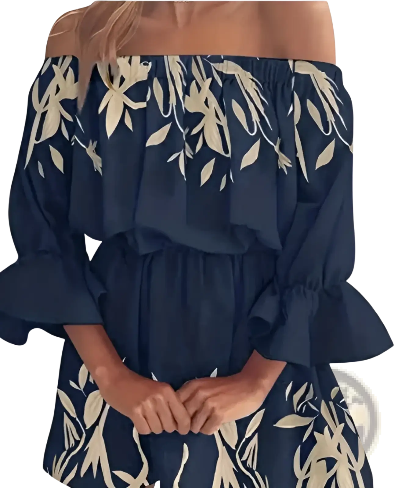 Navy blue off the shoulder mini dress with cream leaf pattern and ruffled sleeves for a floral boho look