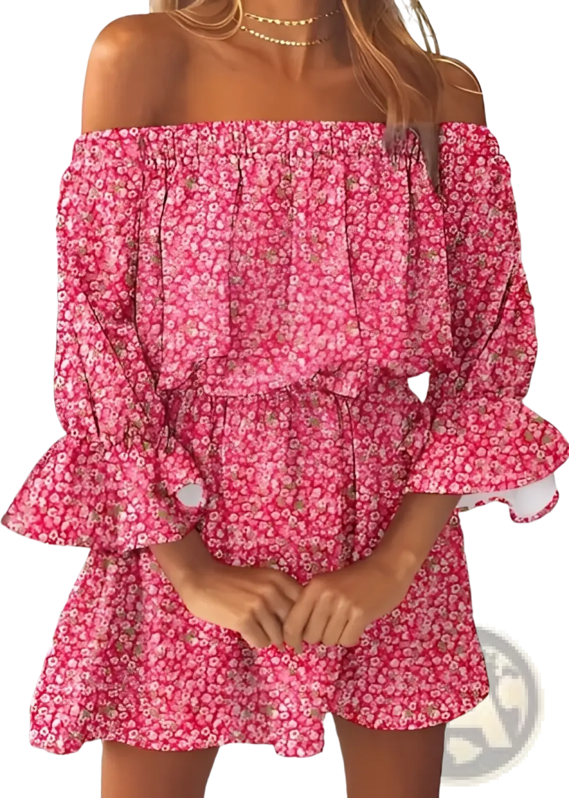 Pink floral off shoulder ruffle mini dress with ruffled sleeves and hem in lightweight boho fabric