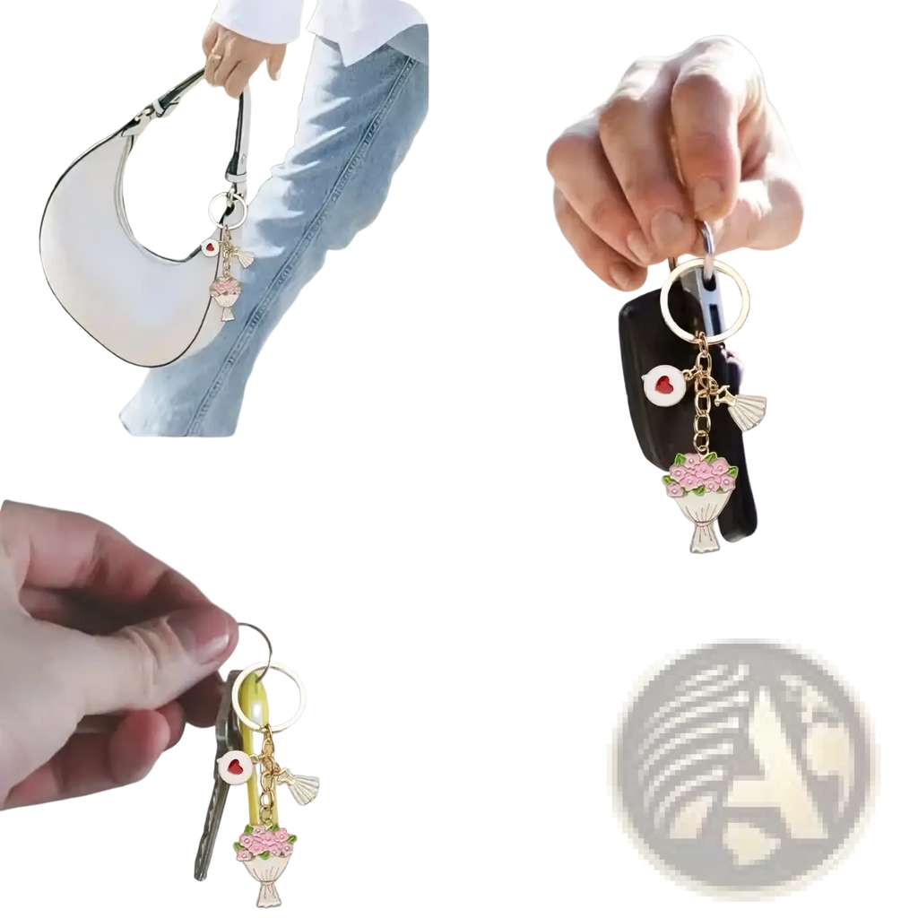 A delicate pink enamel floral bouquet keychain with gold-toned metal accents and a heart charm for valentine party favors