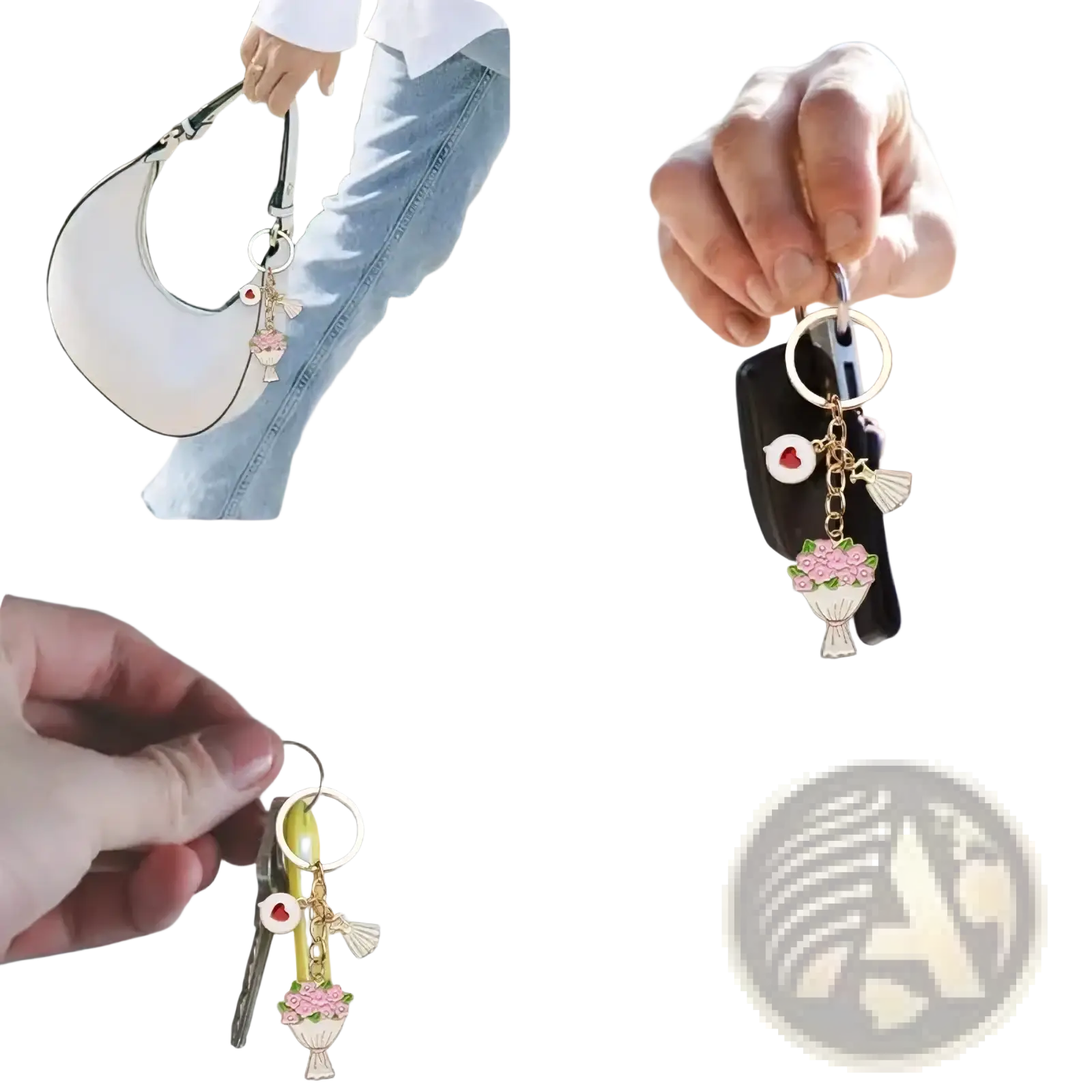 A delicate pink enamel floral bouquet keychain with gold-toned metal accents and a heart charm for valentine party favors