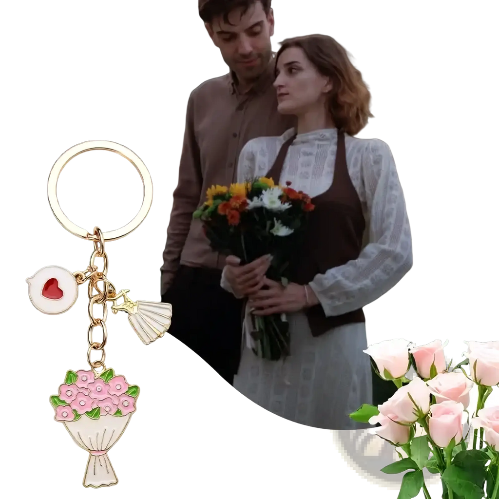 Gold-toned floral bouquet keychain with pink charm heart-shaped enamel pendant and delicate fan for valentine party favor set