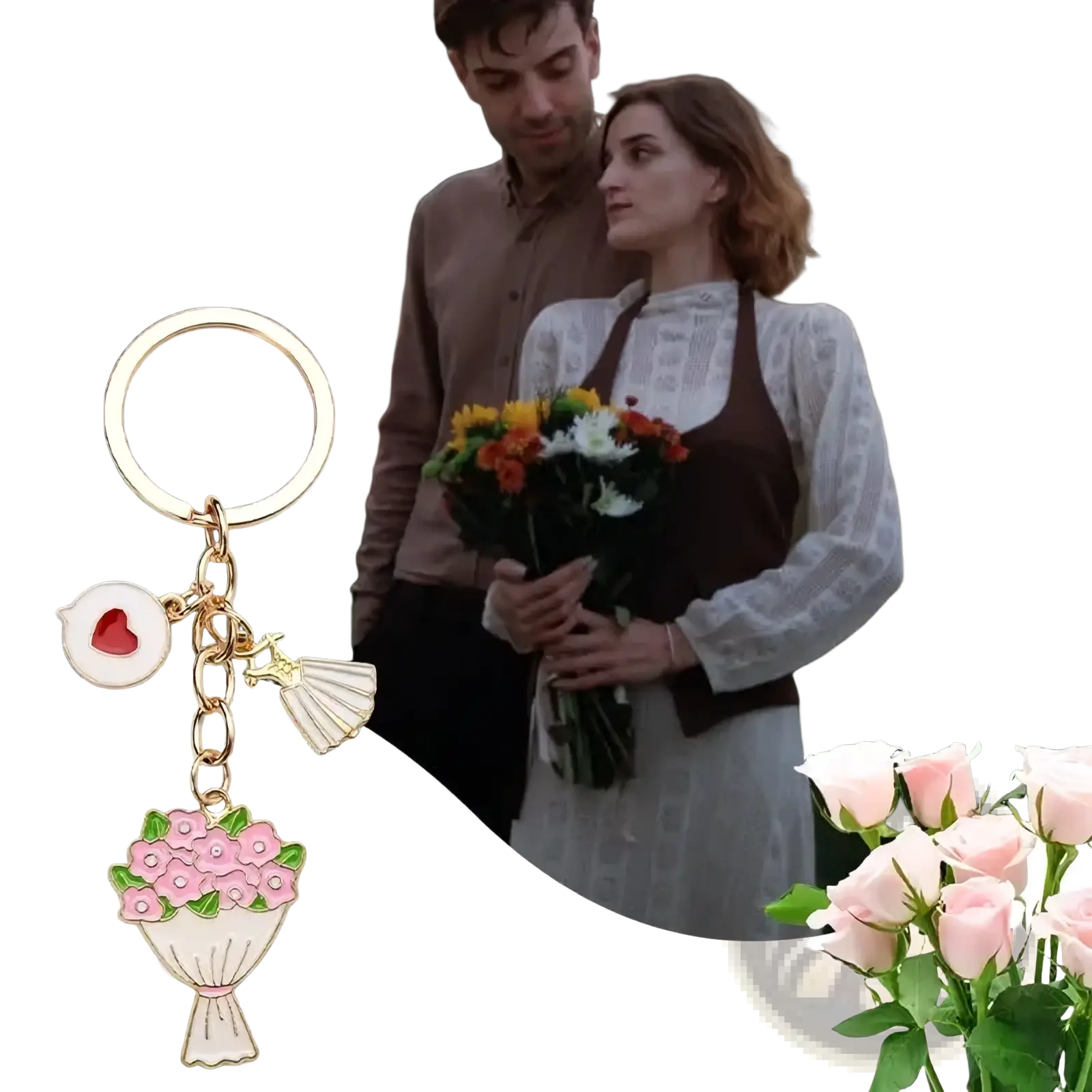 Gold-toned floral bouquet keychain with pink charm heart-shaped enamel pendant and delicate fan for valentine party favor set