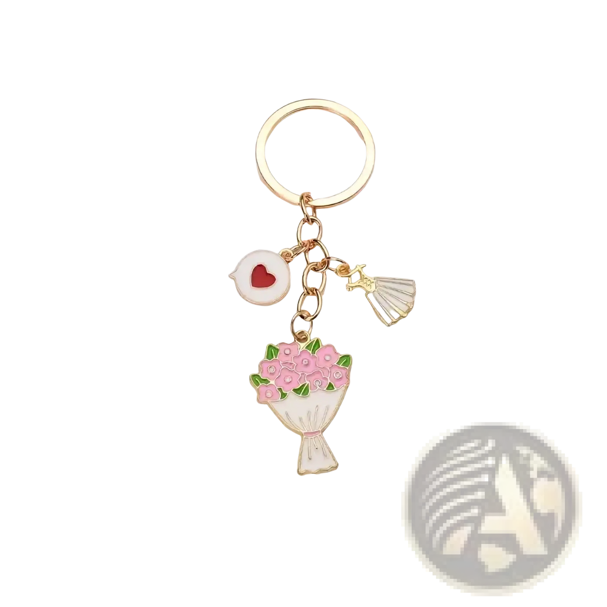 Gold-toned floral bouquet keychain with pink enamel flowers red heart speech bubble and fan-shaped pendant for valentines
