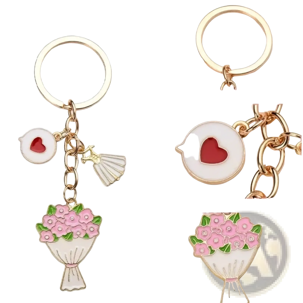 Gold-toned floral bouquet keychain with pink charm red heart speech bubble and fan pendant valentine party favor set