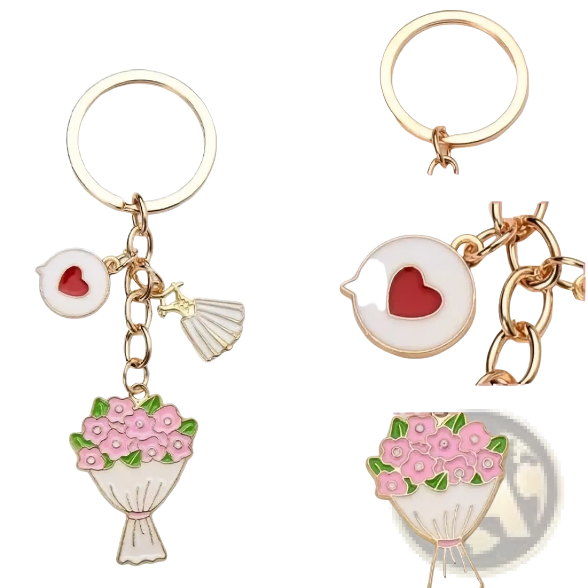 Gold-toned floral bouquet keychain with pink charm red heart speech bubble and fan pendant valentine party favor set