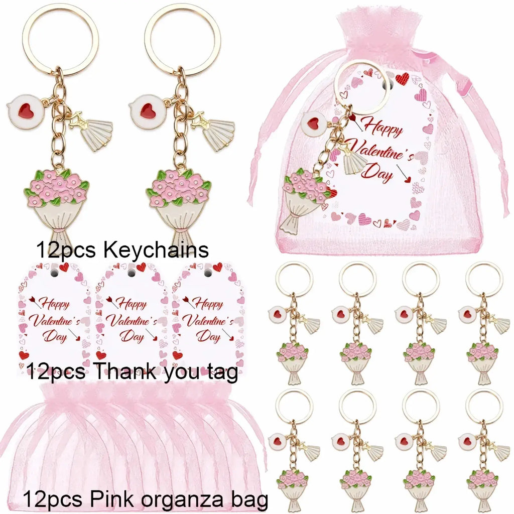 Pink floral bouquet keychains with gold-toned metal rings and chains for valentine party favor set