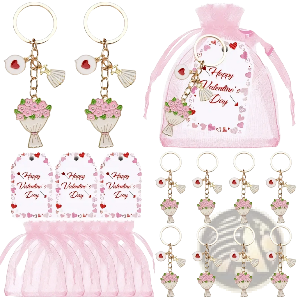 Pink enamel floral bouquet keychains with gold-toned metal chains and rings valentine party favor set