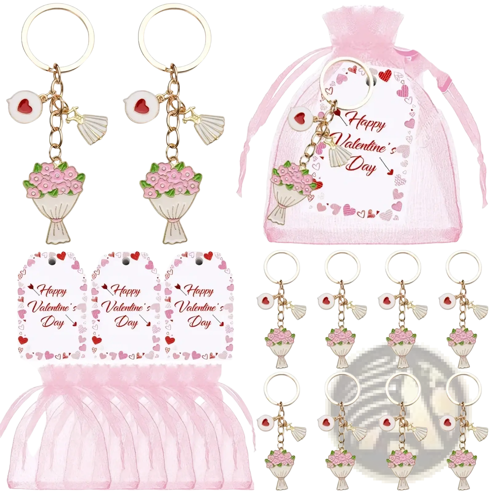 Pink enamel floral bouquet keychains with gold-toned metal chains and rings valentine party favor set