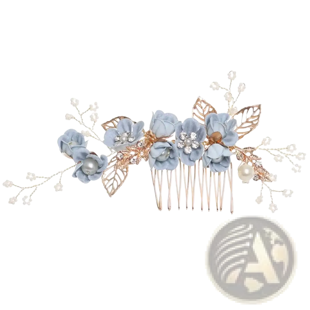 Floral bridal hair comb in rose gold with light blue fabric flowers golden leaves and scattered pearls for weddings