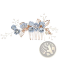 Floral bridal hair comb in rose gold with light blue fabric flowers golden leaves and scattered pearls for weddings