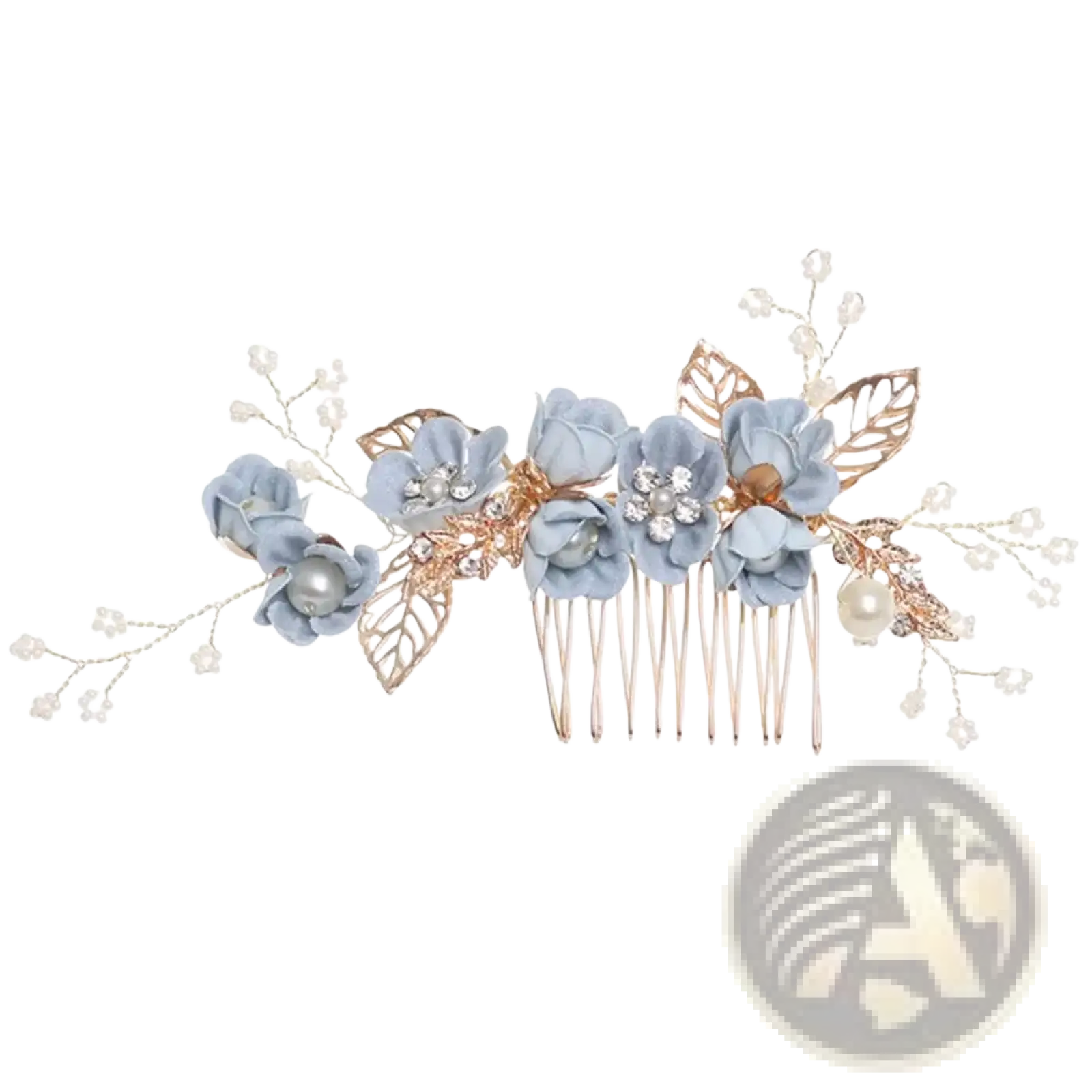 Floral bridal hair comb in rose gold with light blue fabric flowers golden leaves and scattered pearls for weddings