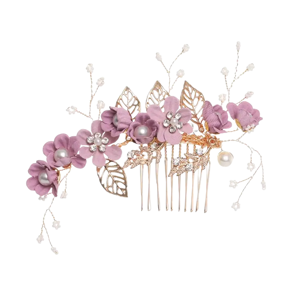 Floral bridal hair comb with delicate lavender flowers gold-toned metal leaves pearls and sparkling crystals for weddings