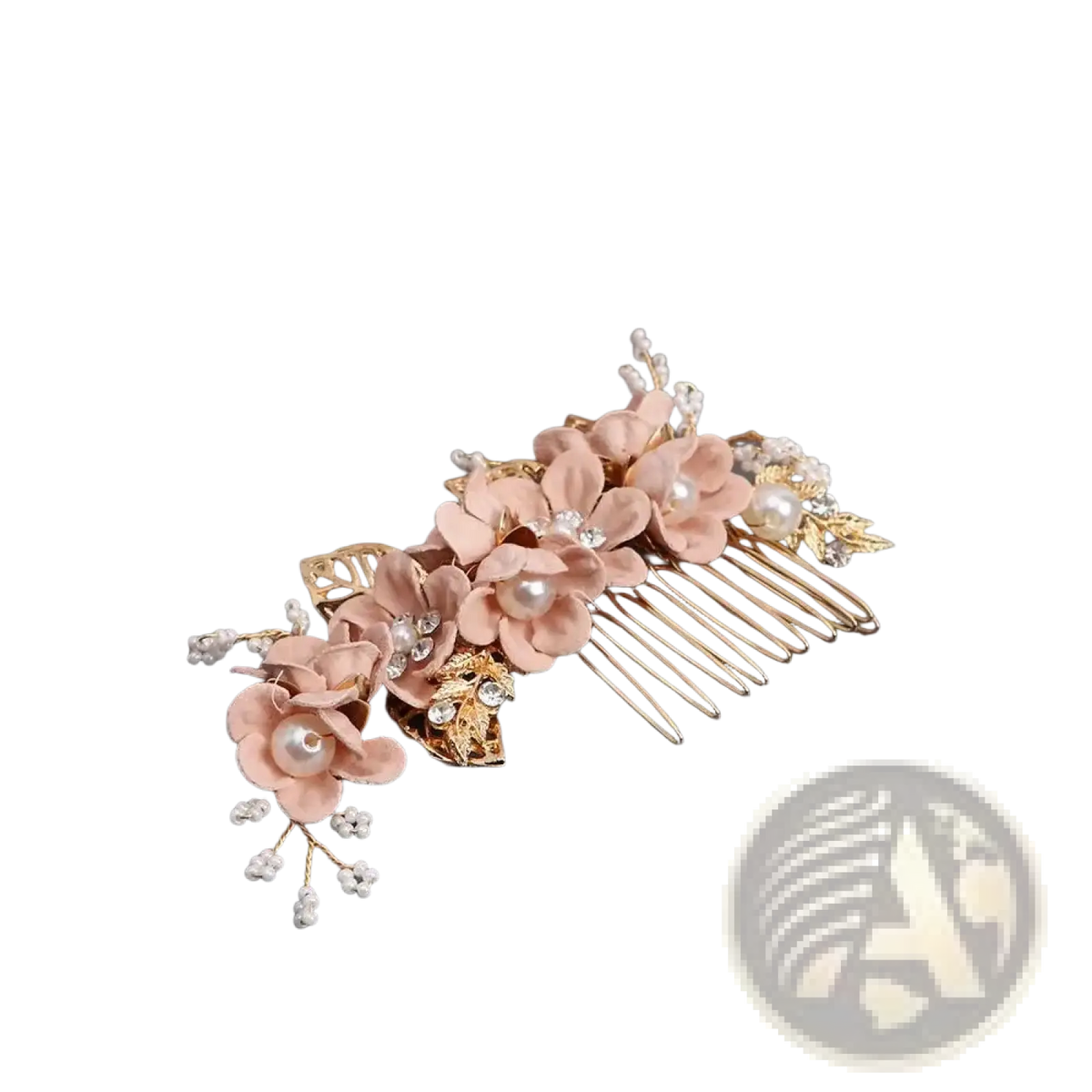 Floral bridal hair comb featuring delicate pink flowers with pearls and rhinestones on gold-toned metalwork