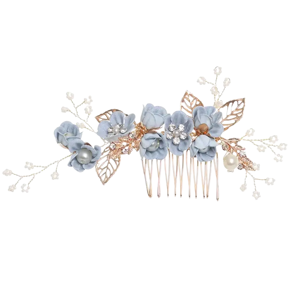 Floral bridal hair comb in rose gold with light blue fabric flowers golden leaves and scattered pearls for weddings