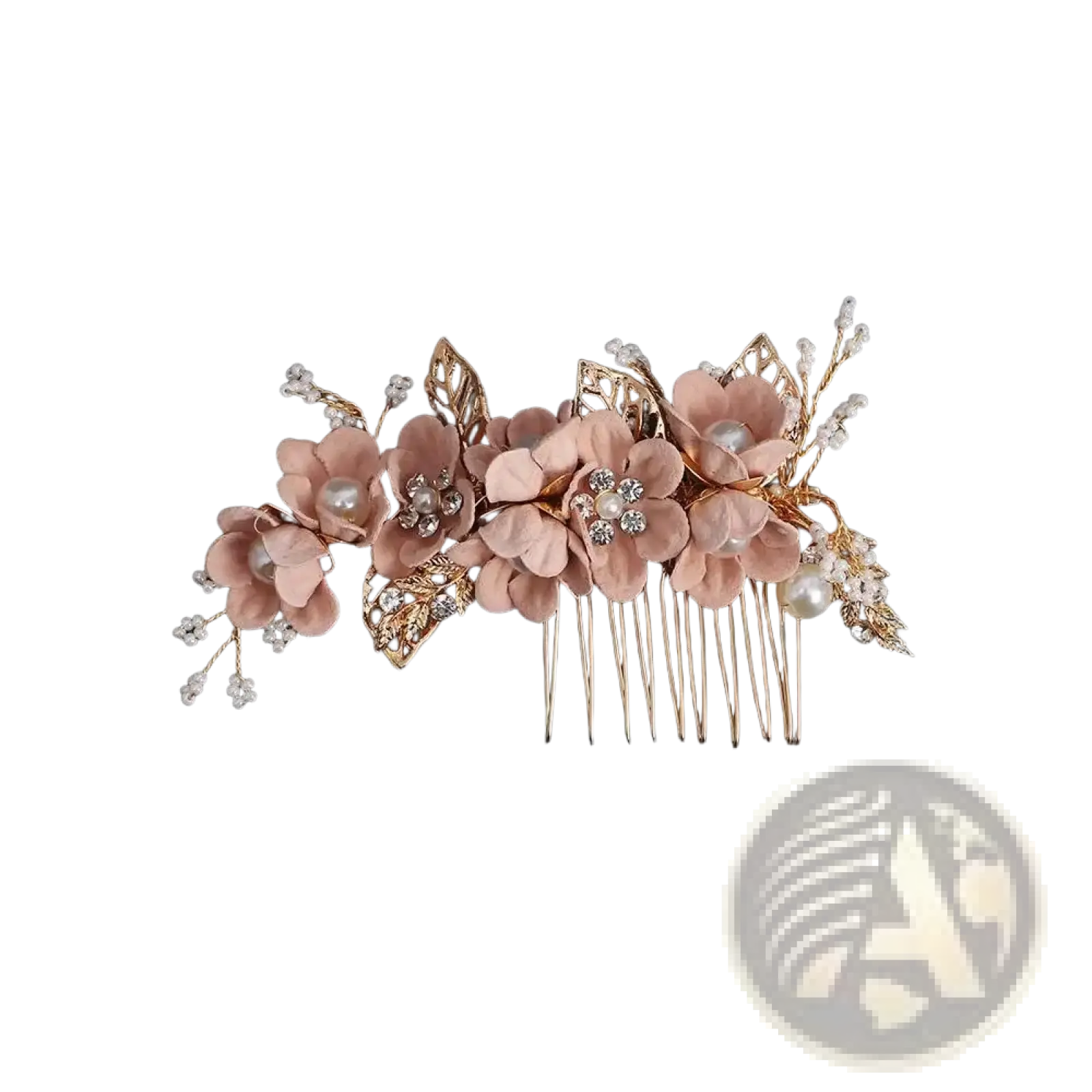 A delicate rose gold floral bridal hair comb with soft pink fabric flowers pearl accents and crystal details