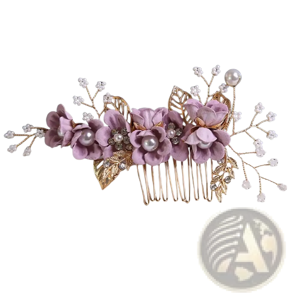 Elegant lavender floral bridal hair comb with gold-toned metal and pearl accents for wedding wear