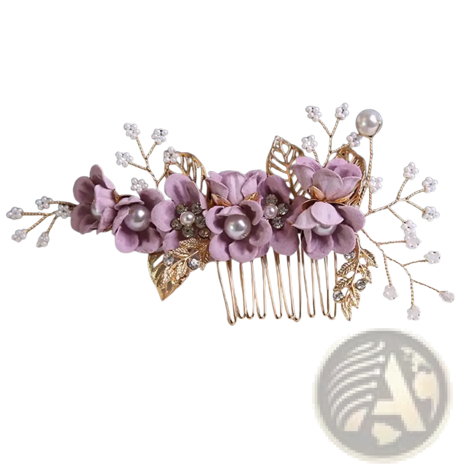 Elegant lavender floral bridal hair comb with gold-toned metal and pearl accents for wedding wear
