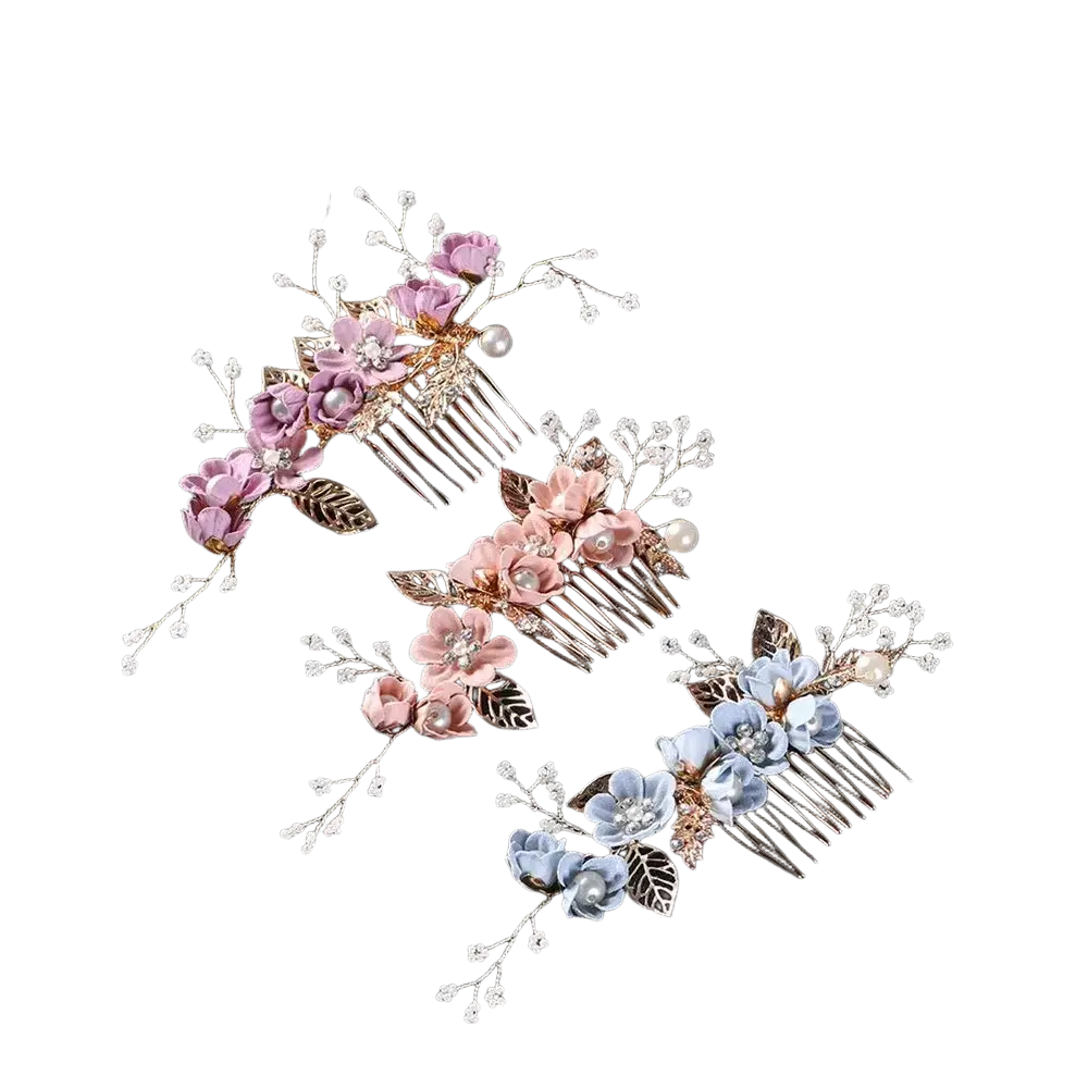 Floral bridal hair comb pearl wedding headpiece with pastel purple pink blue flowers gold metal and pearl details