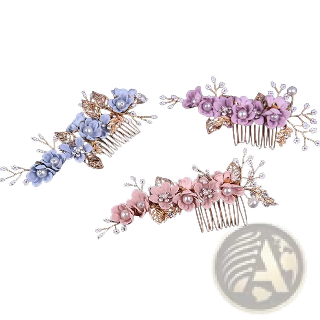 Three delicate floral bridal hair combs in pastel blue lavender and pink with pearls and gold-toned leaves for weddings