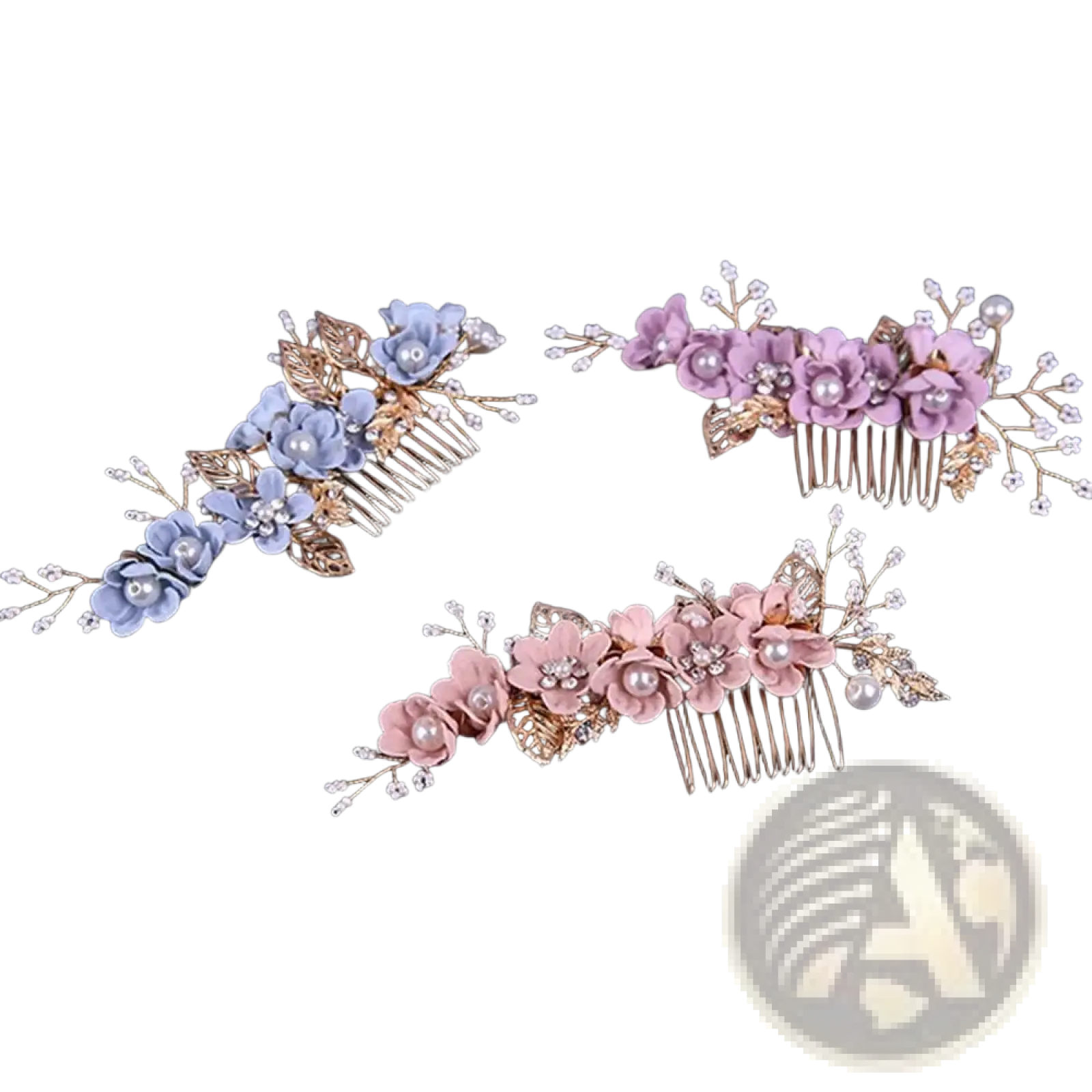 Three delicate floral bridal hair combs in pastel blue lavender and pink with pearls and gold-toned leaves for weddings