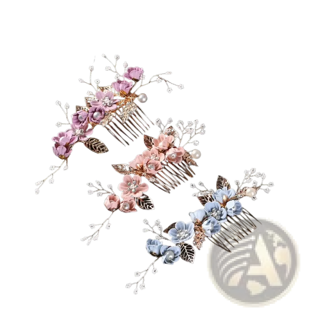 Floral bridal hair comb pearl wedding headpiece with pastel purple pink blue flowers gold metal and pearl details