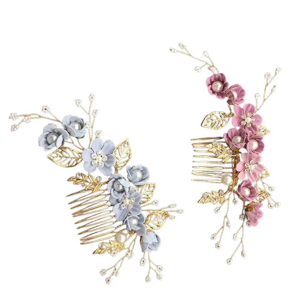 Two ornate floral bridal hair combs in lavender and pink with gold-toned leaves pearls and crystals for weddings
