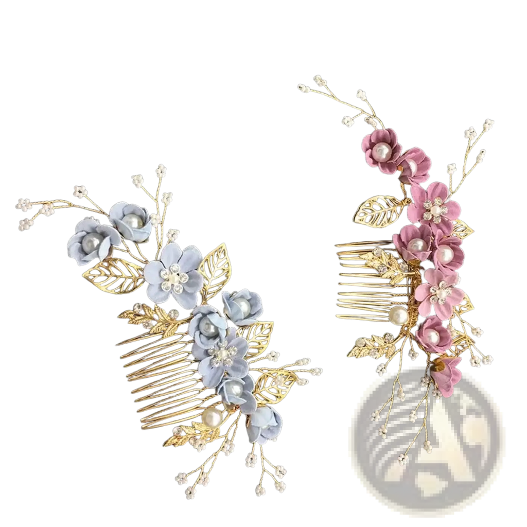 Two ornate floral bridal hair combs in lavender and pink with gold-toned leaves pearls and crystals for weddings