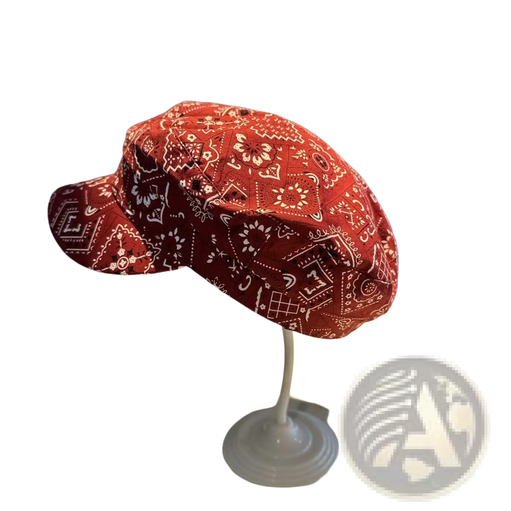 Floral bucket hat korean style red cap with white bandana pattern featuring floral and geometric designs