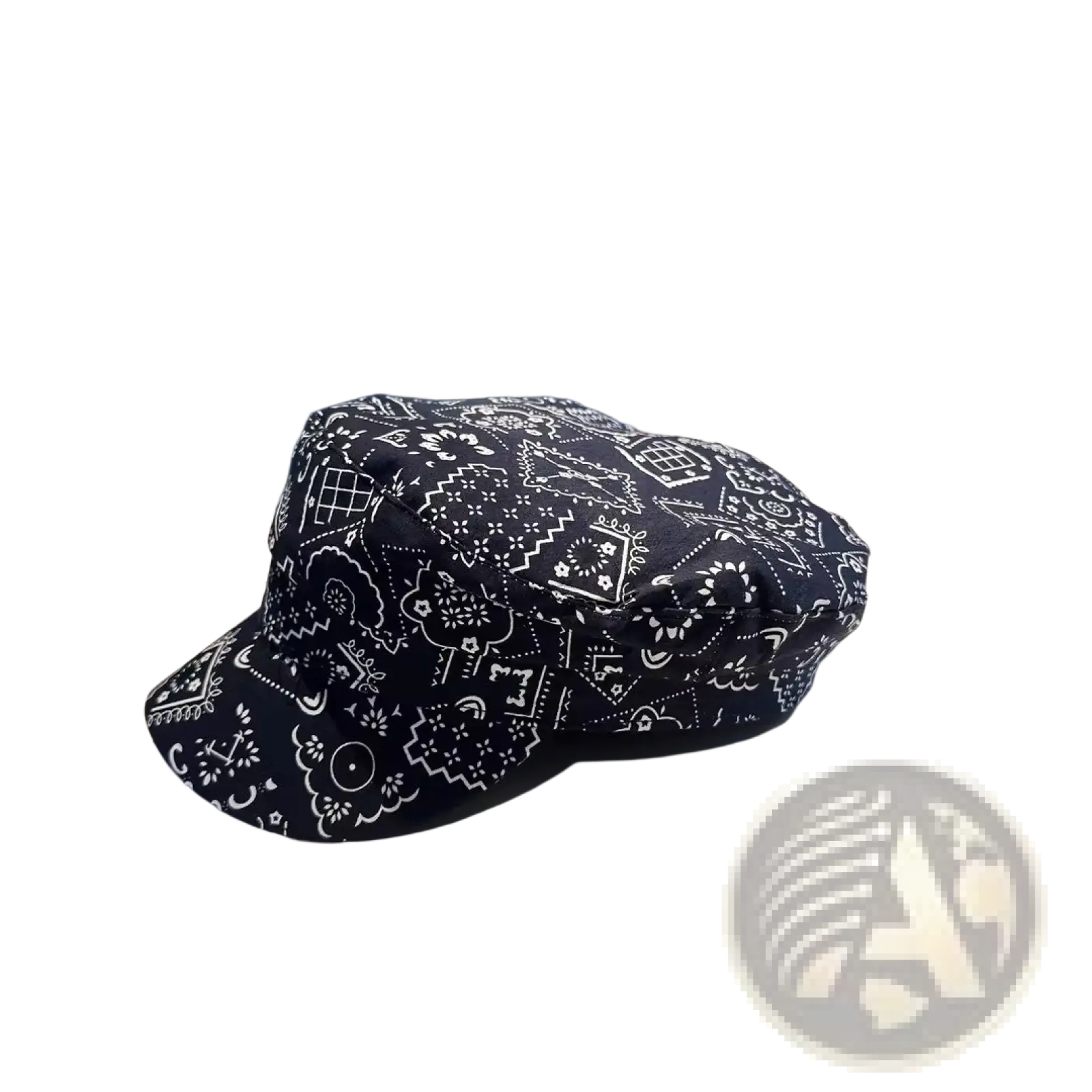 Black floral bucket hat in Korean style with white geometric bandana patterns on black fabric
