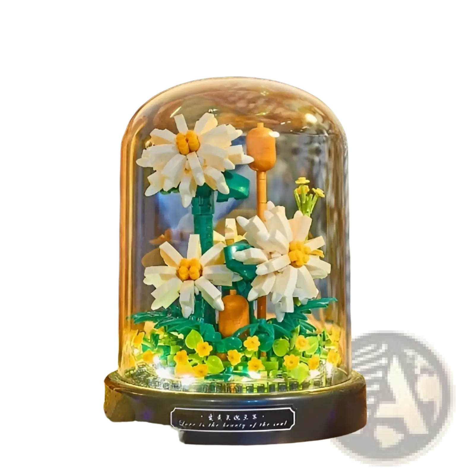 Floral building block bouquet featuring a delicate white daisy arrangement in colorful blocks under a glass dome with warm lighting