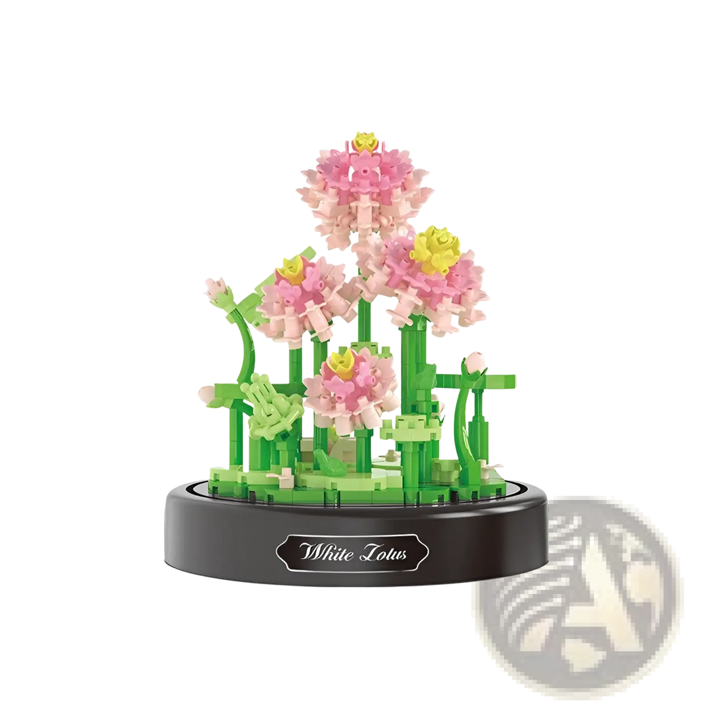 Floral building block bouquet featuring a delicate pink and yellow lotus made of interlocking plastic bricks on a black base