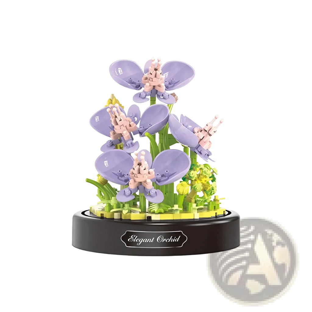 Floral building block bouquet in glass dome featuring a lavender orchid sculpture with pink centers on green stems