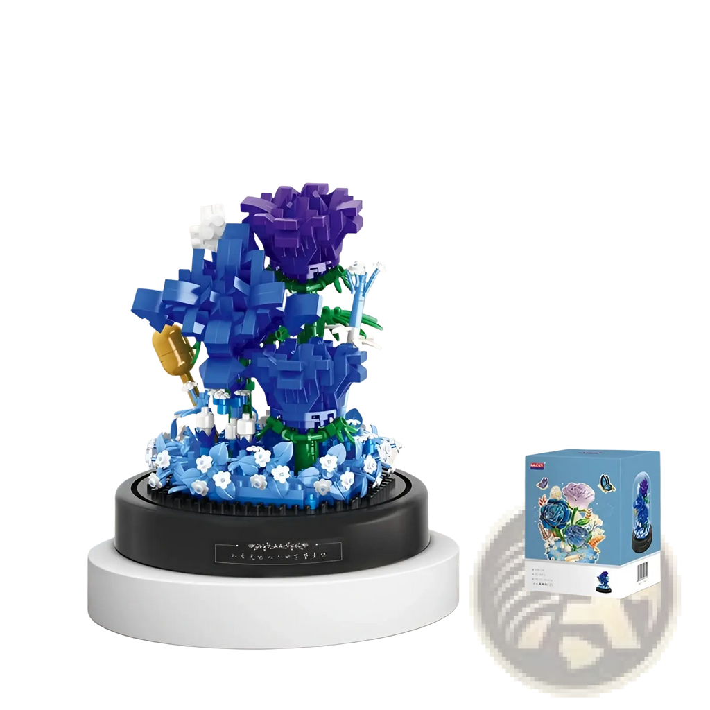A vibrant blue and purple lego-style floral building block bouquet with intricate details on a black circular base under glass dome