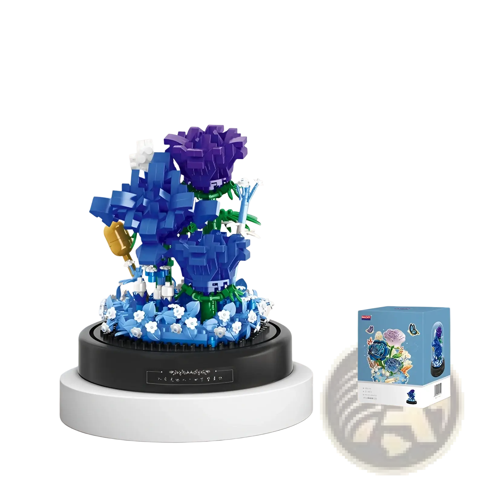 A vibrant blue and purple lego-style floral building block bouquet with intricate details on a black circular base under glass dome