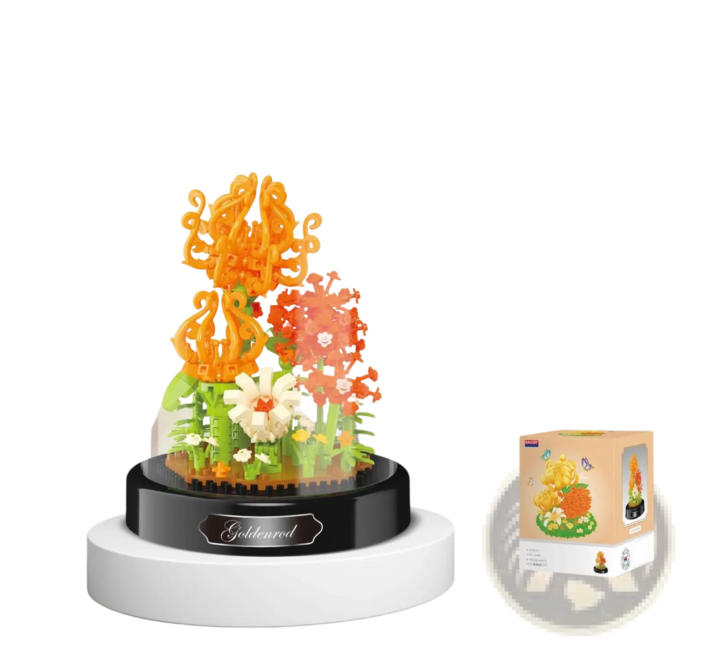 A vibrant floral building block bouquet made of colorful plastic bricks displayed under a clear glass dome