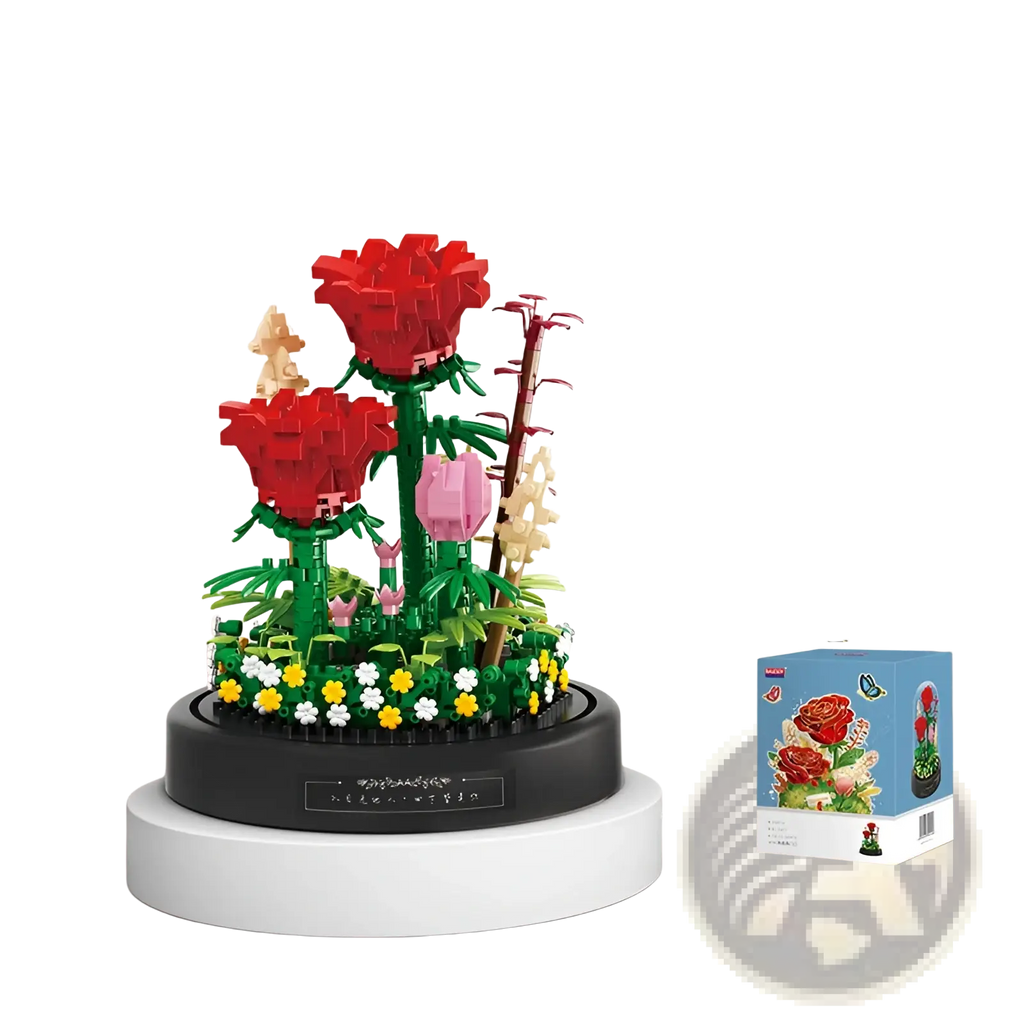 Floral building block bouquet in glass dome featuring a vibrant red rose bouquet made of colorful plastic bricks