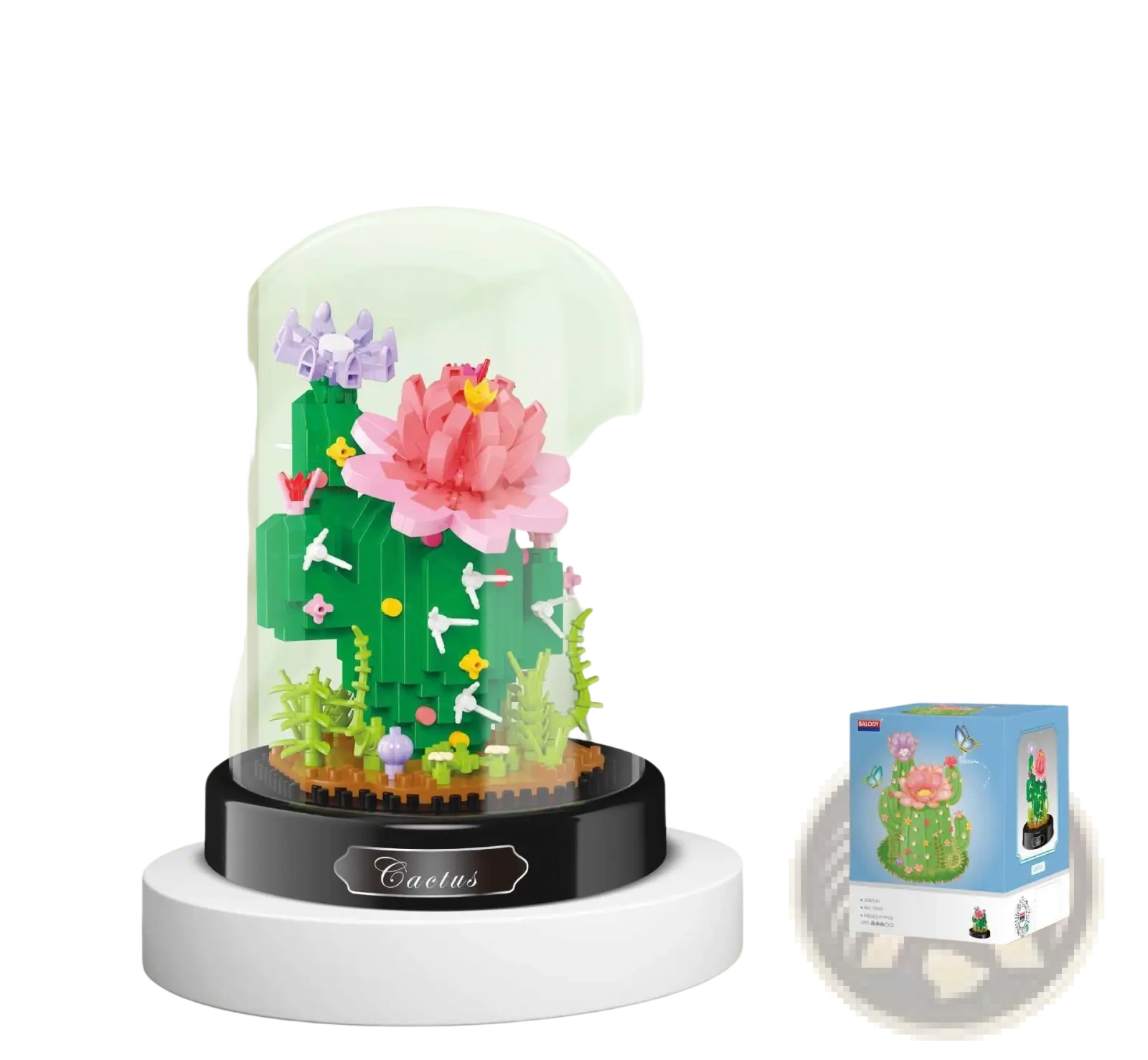 A vibrant green floral building block cactus with a large pink flower and small white birds under a glass dome