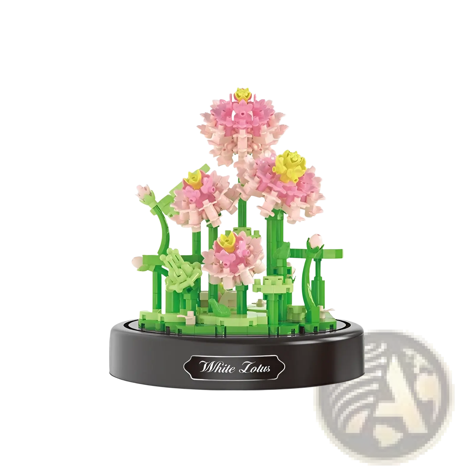 Floral building block bouquet in glass dome featuring a delicate pink and yellow lotus flower on black base