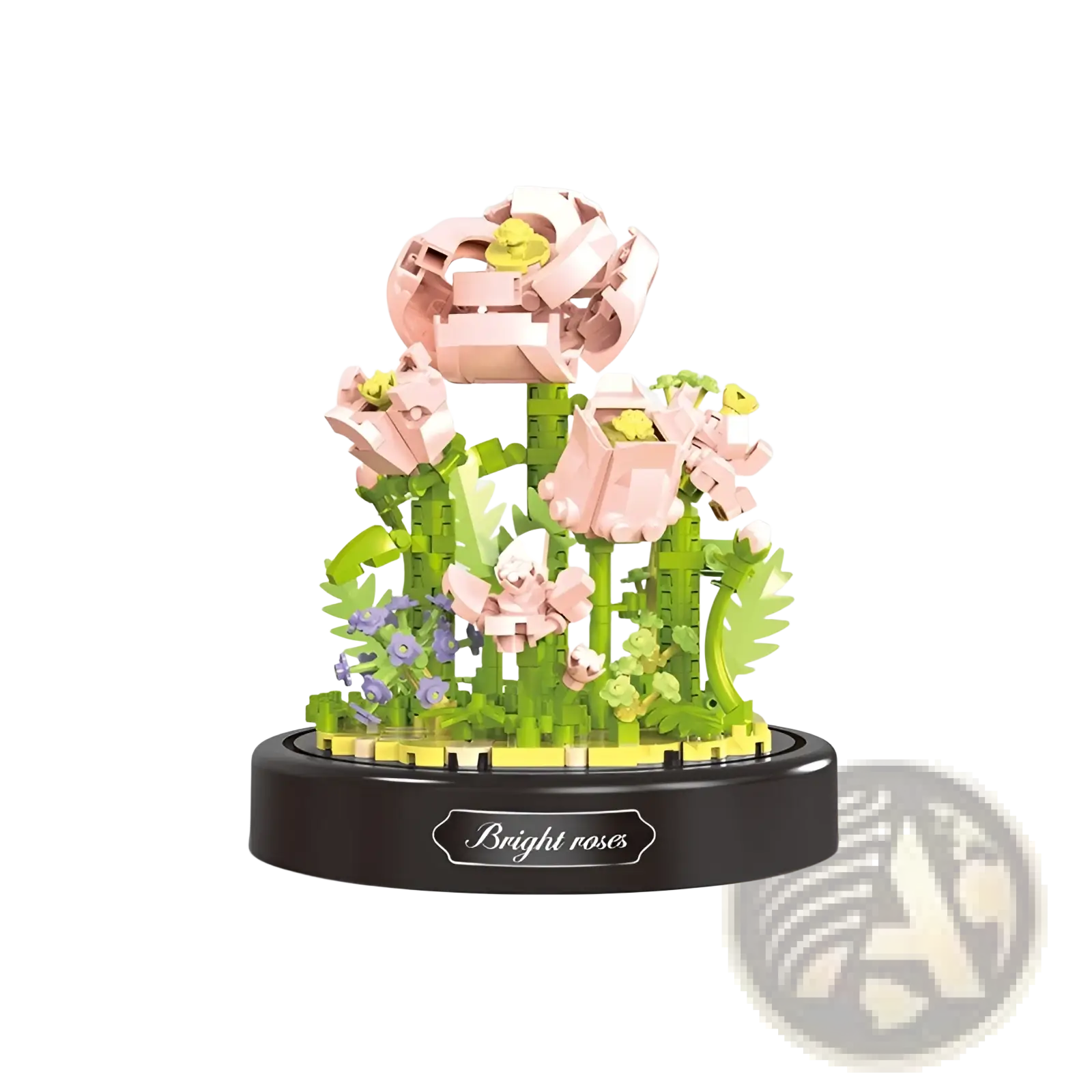 Floral building block bouquet with pink and green lego-style flowers in a glass dome with black bright roses base