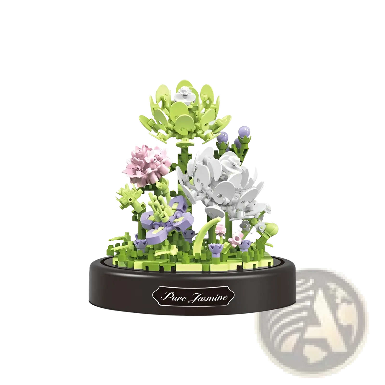 A delicate multi-colored floral building block bouquet made of plastic bricks on a black base labeled pure jasmine