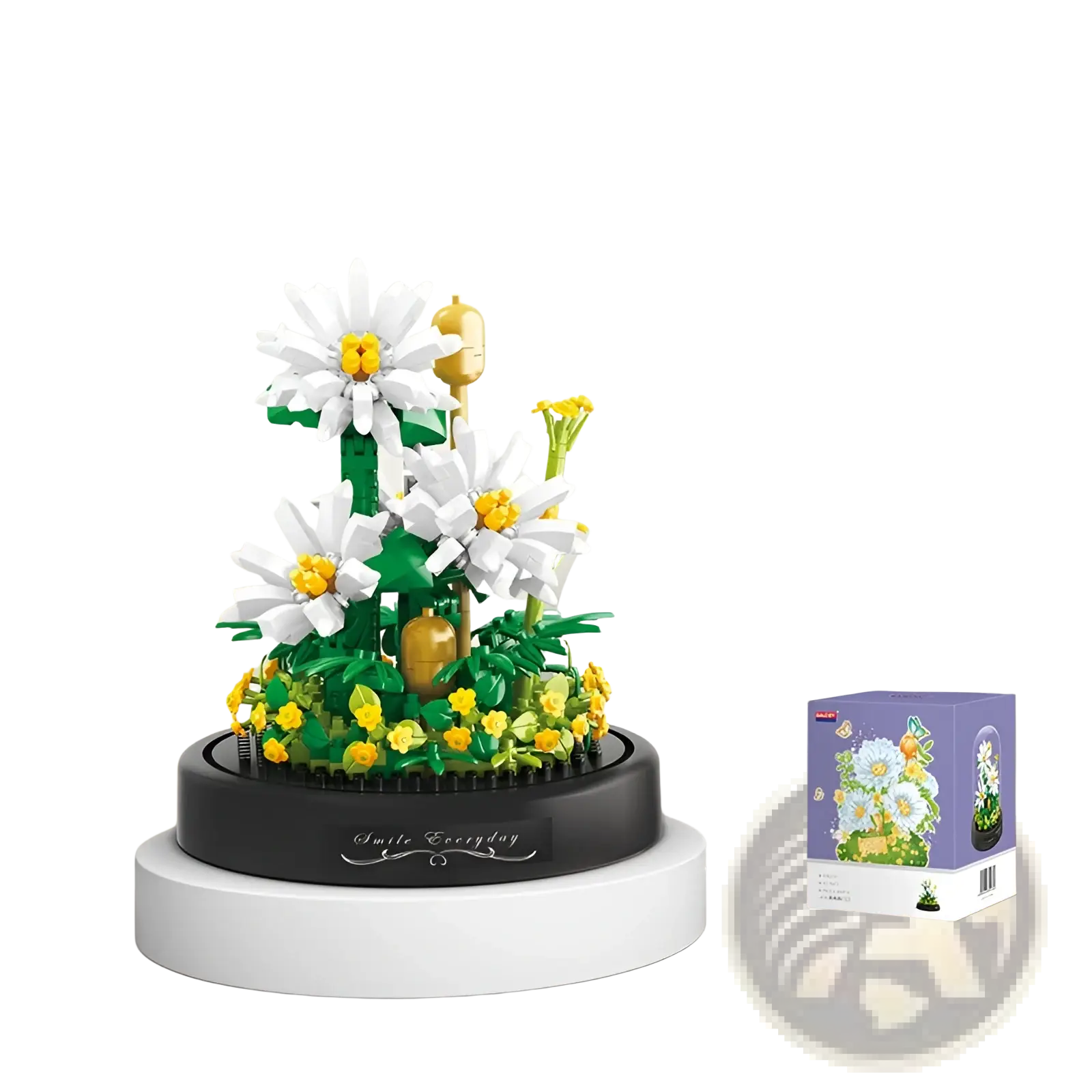 Floral building block bouquet in glass dome featuring white and yellow daisy flowers on a black base with smile everyday engraving